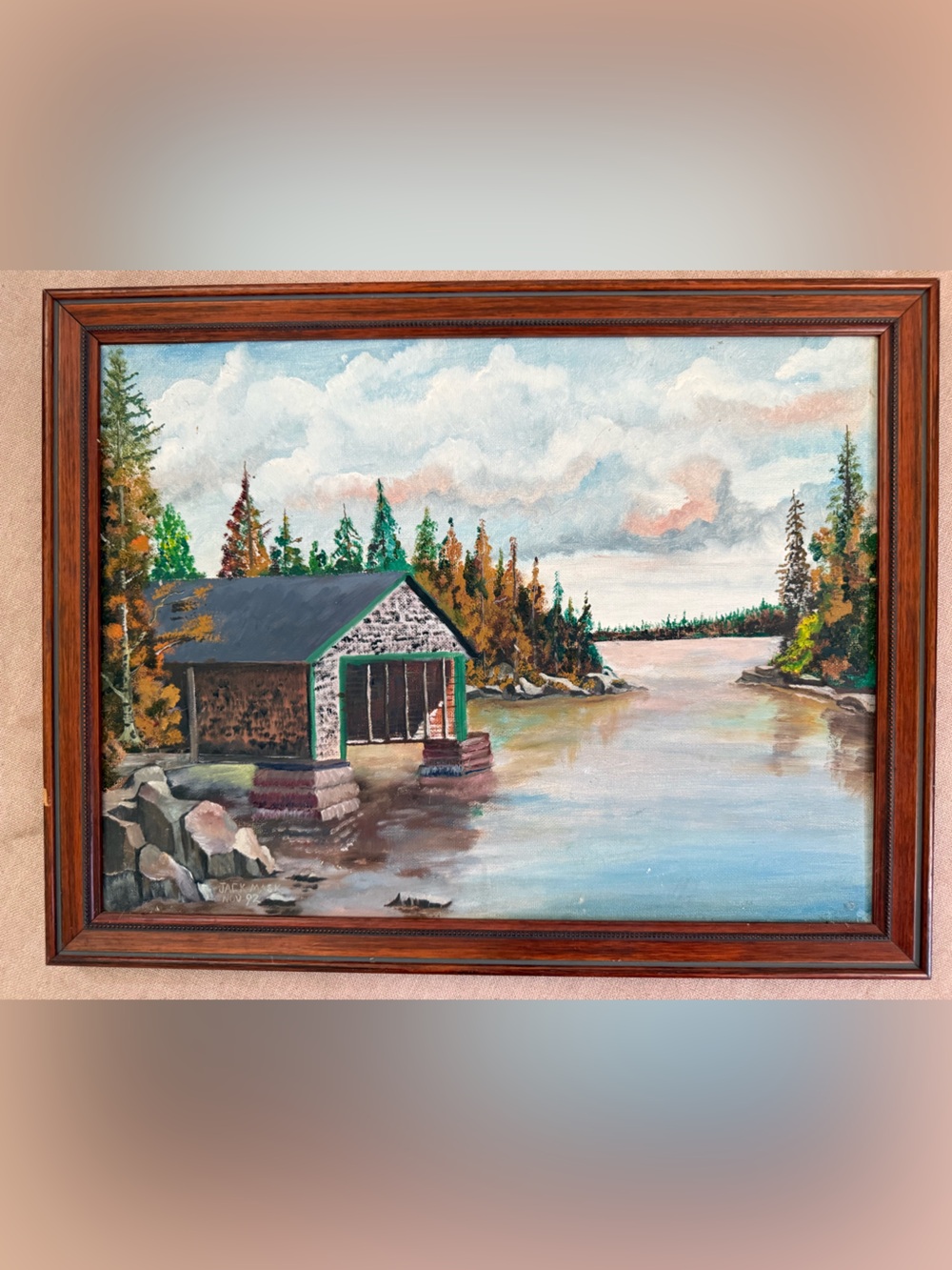 Vintage Lakeside Boathouse Painting in Blue, Green and Brown